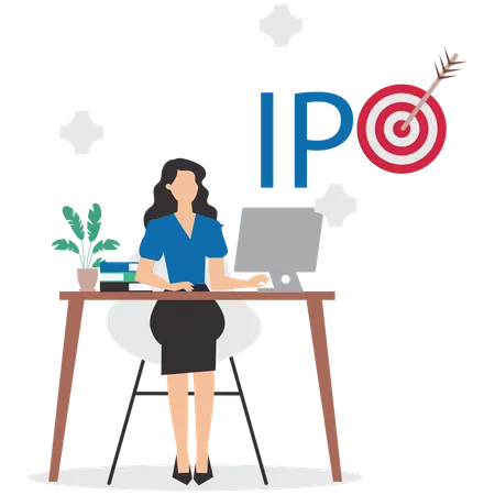 IPO, Initial public offering, businesswoman setting up an investing strategy using a laptop  Illustration