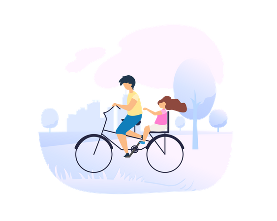 Irmão leva irmã mais nova de bicicleta no lindo parque da cidade  Ilustração