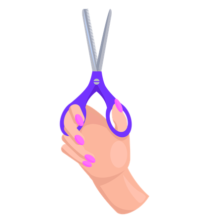 Iron scissors in human hand with blue plastic handle  Illustration