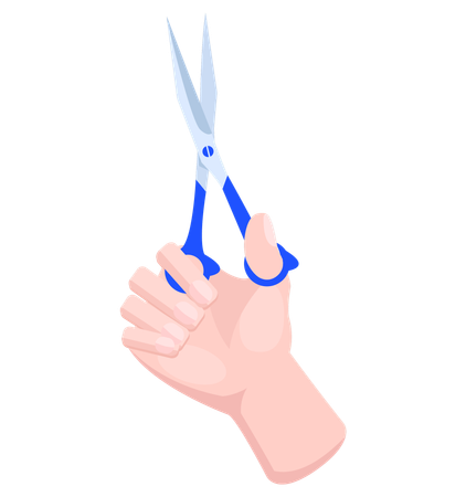 Iron scissors in human hand with blue blue plastic handle  Illustration