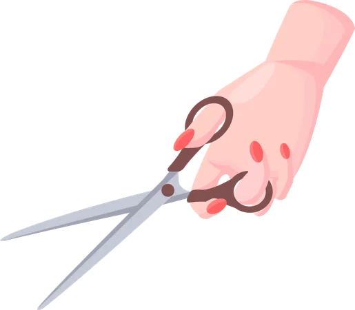 Iron scissors in human hand with brown plastic handle  Illustration