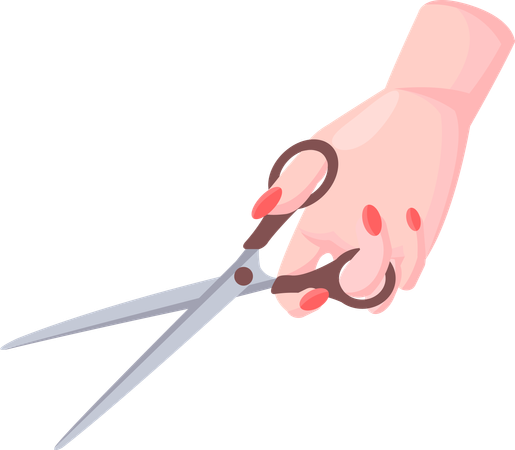 Iron scissors in human hand with brown plastic handle  Illustration