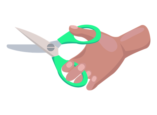 Iron scissors in human hand with green plastic handle  일러스트레이션