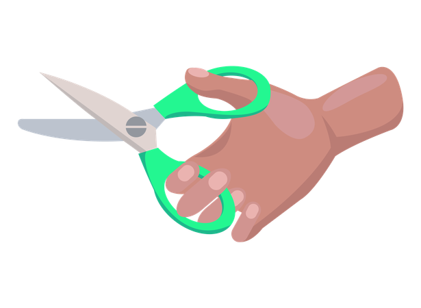 Iron scissors in human hand with green plastic handle  Illustration