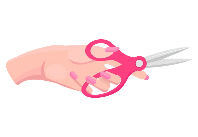 Iron scissors in human hand with pink plastic handle  Illustration