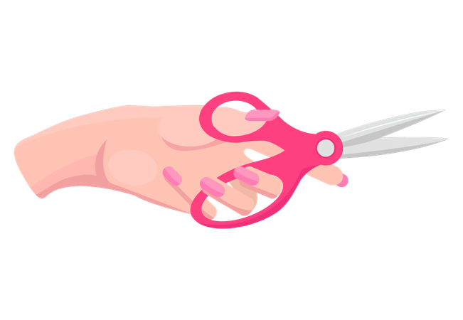 Iron scissors in human hand with pink plastic handle  Illustration