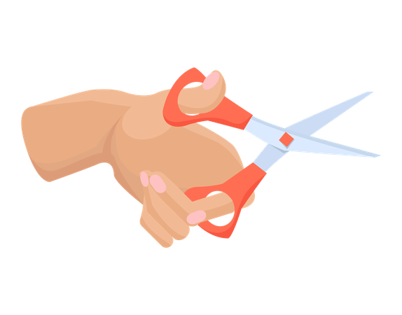 Iron scissors in human hand with red plastic handle  Illustration