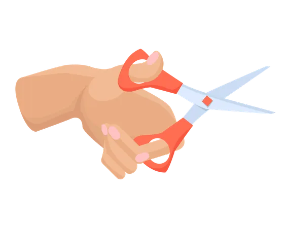 Iron scissors in human hand with red plastic handle  イラスト