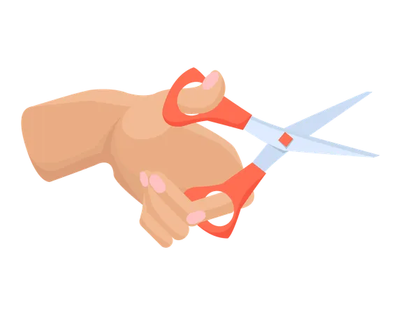 Iron scissors in human hand with red plastic handle  Illustration