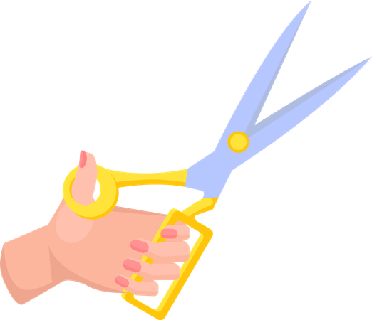 Iron scissors in human hand with yellow plastic handle  Illustration