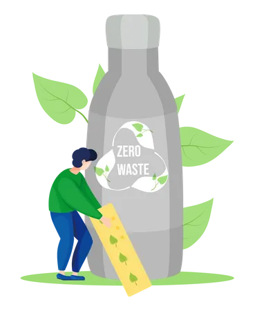 A Man With A Ruler With A Picture Of Leaves In His Hands Stands Bent And Makes Measurements Large Iron Bottle Of Water With Recycling Logo Image Stands On Background Garbage Sorting Eco Friendly Illustration