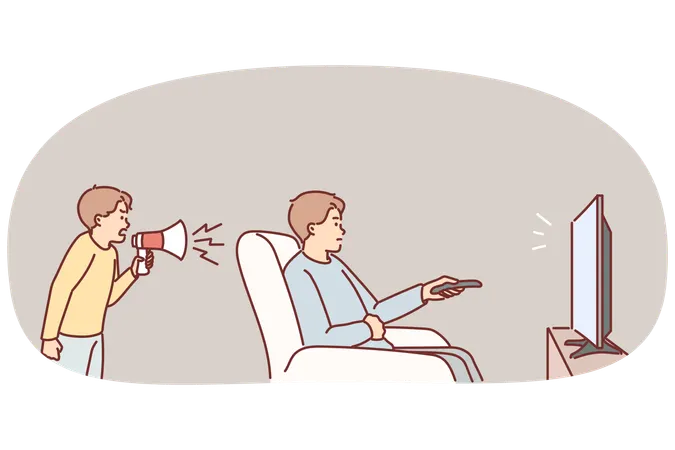 Irresponsible father watches tv ignoring son screaming into megaphone and wanting to play with dad  Illustration