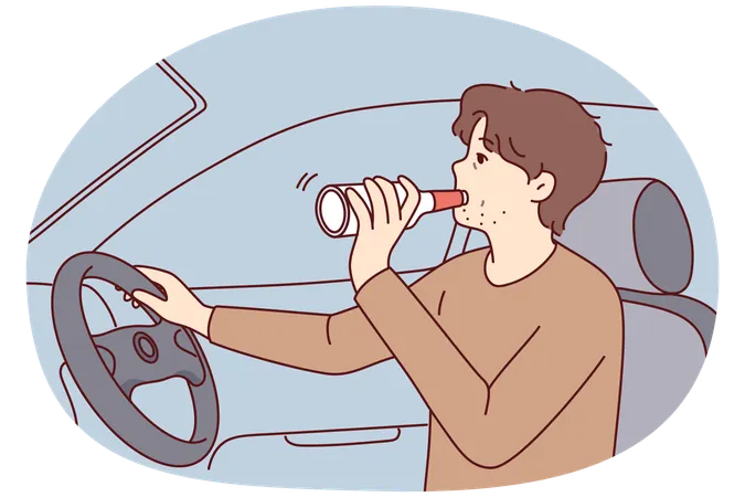 無責任な男がボトルから酒を飲んで車を運転し、歩行者の命を危険にさらす  イラスト