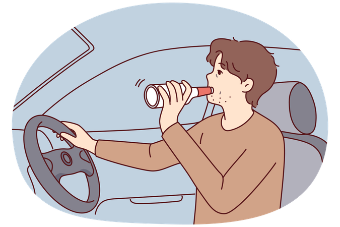Irresponsible man drinks alcohol from bottle driving car risking lives of pedestrians  Illustration