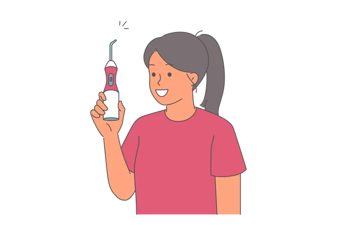 Irrigateur pour nettoyer les dents dans les mains d'une femme démontrant un sourire blanc comme neige et exhibant son appareil  Illustration