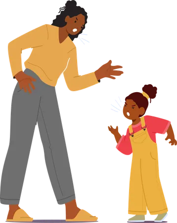 Angry Mother Scolds And Screams At Her Little Daughter Who Screams Back Their Faces Contorted In Tense Emotional Confrontation Black Family Characters Conflict Cartoon People Vector Illustration Illustration
