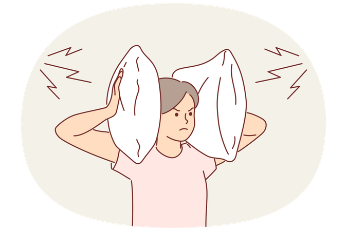 Irritated woman covers ears with pillow so as not to hear noise from neighbors who are having party  Illustration