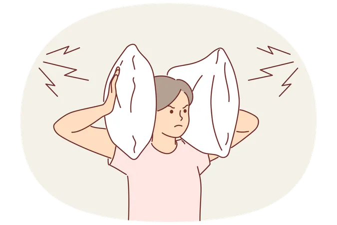 Irritated woman covers ears with pillow so as not to hear noise from neighbors who are having party  Illustration