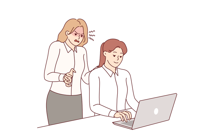 Irritated woman manager scolds subordinate employee with laptop for workplace bullying  Illustration