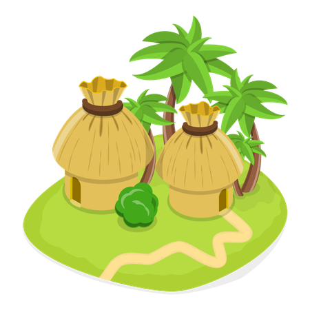 Isla con cabañas y árboles.  Ilustración