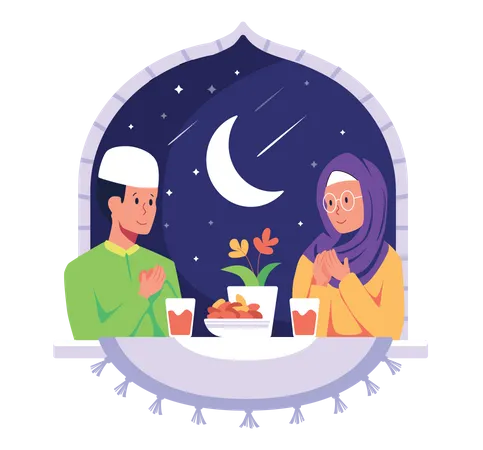 Família islâmica comendo iftar do Ramadã  Ilustração