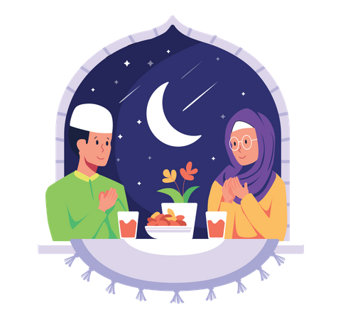 Islamische Familie isst Ramadan Iftar  Illustration