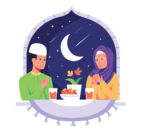 Famille islamique mangeant l'iftar du ramadan  Illustration