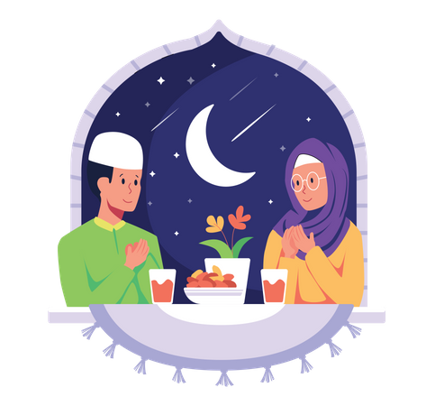 Best Premium Islam family eating ramadan iftar Illustration download in PNG  & Vector format