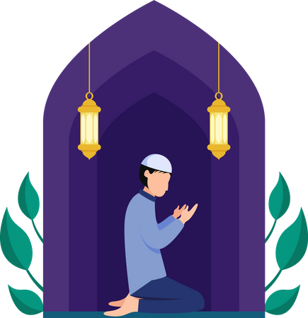 Hombre islámico haciendo pose de oración islámica  Ilustración