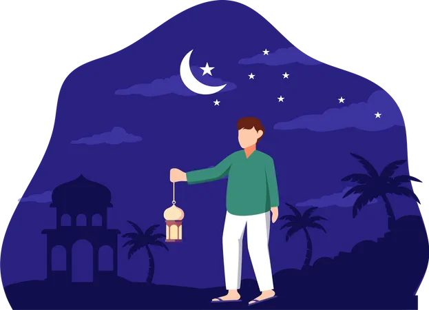 Islamic boy holding islamic lantern  Illustration