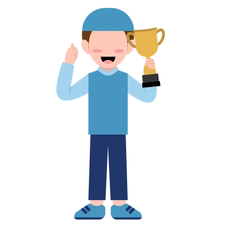 Islamic boy showing thumb up and trophy Illustration
