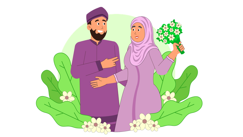 Islamic bride holding flower bouquet while standing with groom  Illustration