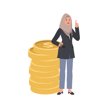 Financial Success Concept Islamic Businesswoman Showing Success With Coins By Giving Thumb Up Illustration