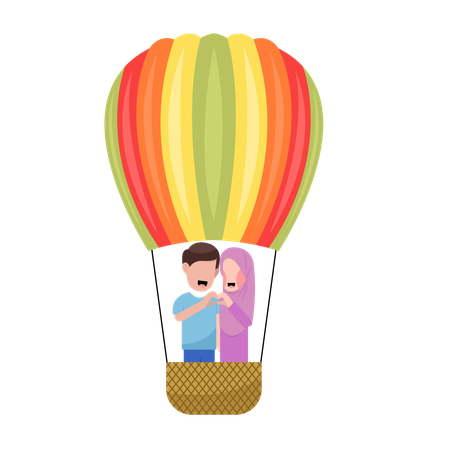 Islamic Couple Riding Hot Air Balloon  Illustration