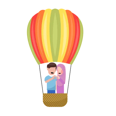 Islamic Couple Riding Hot Air Balloon  Illustration