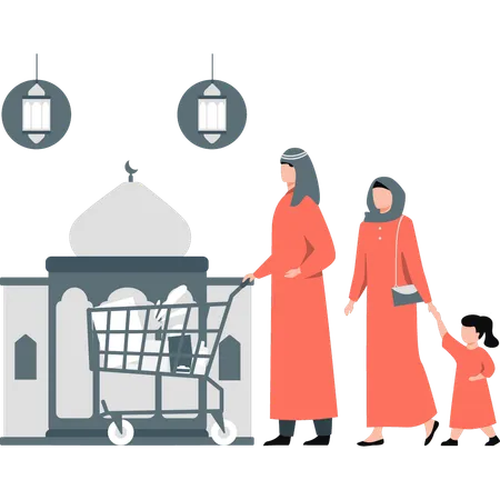 The Islamic Family Is Going To Ramadan Shopping Illustration