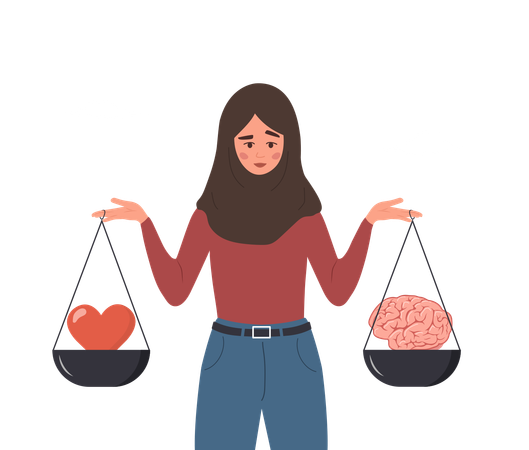 Islamic Female Character Looking At Brain And Heart On Seesaw  Illustration