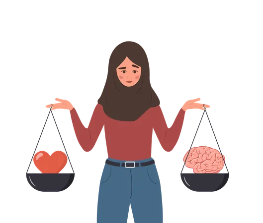 Islamic Female Character Looking At Brain And Heart On Seesaw  Illustration