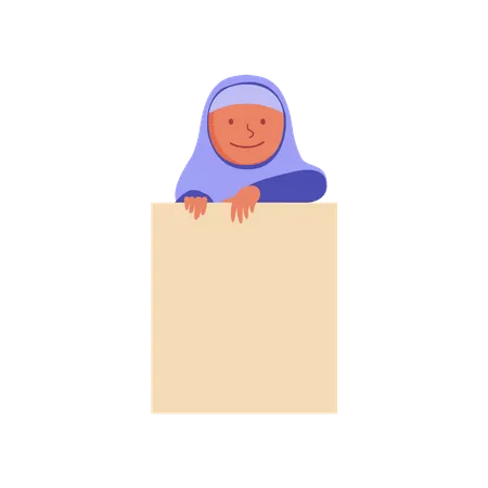Vector Illustration Of Peeping Moslem Girl Behind Blank Notice Board Illustration