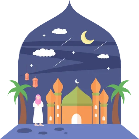 Islamic girl praying at mosque Illustration