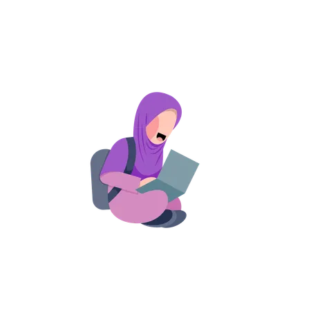 Islamic girl student with laptop  Illustration