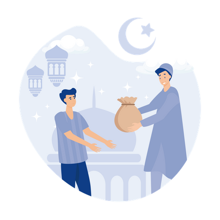 Islamic man giving sadaqa to beggar  イラスト