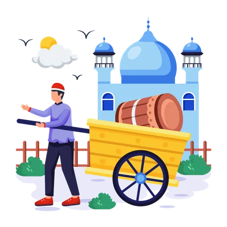 Islamic man is carrying cart  Illustration