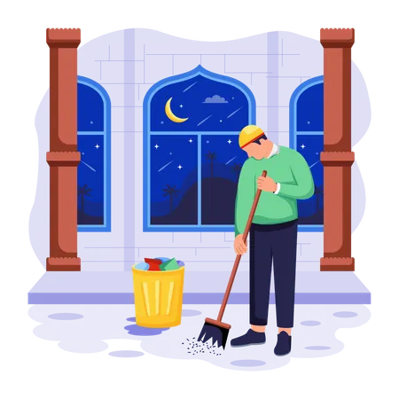 A Flat Style Illustration Of A Person Cleaning Floor 일러스트레이션