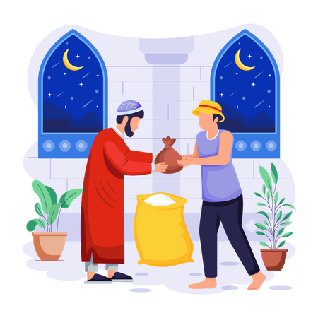 Islamic man is giving food donation  イラスト