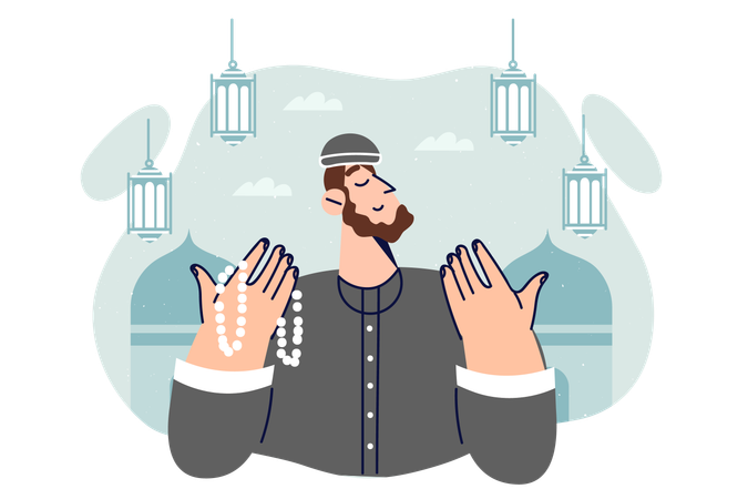 Islamic man praying doing hajj in holy month of ramadan  Illustration