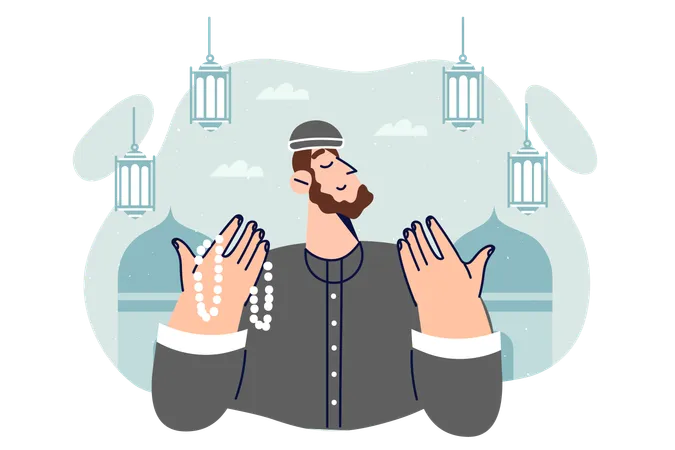 Islamic man praying doing hajj in holy month of ramadan  Illustration