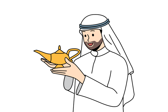 Islamic man rubs antique lamp  Illustration