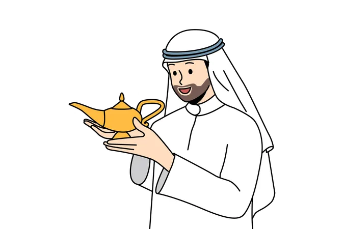 Islamic man rubs antique lamp  Illustration