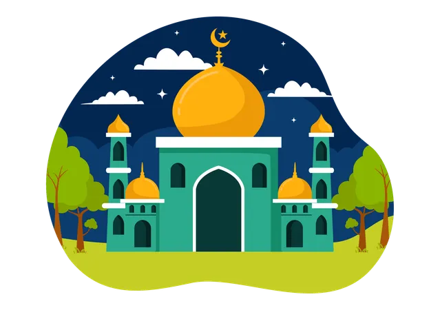 Islamic Social Center Vector Illustration Featuring Mosques Educational Institutions For Islamic Studies And Development In Flat Cartoon Background イラスト